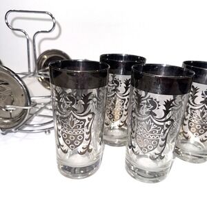 Kimiko Highball MCM Crest Glasses Silver Rim VTG Barware Caddy Coaster Set 4
